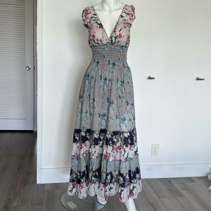 Bohemian Long dress flowers, 100% cotton deep V-neck, pink, light blue, S/M